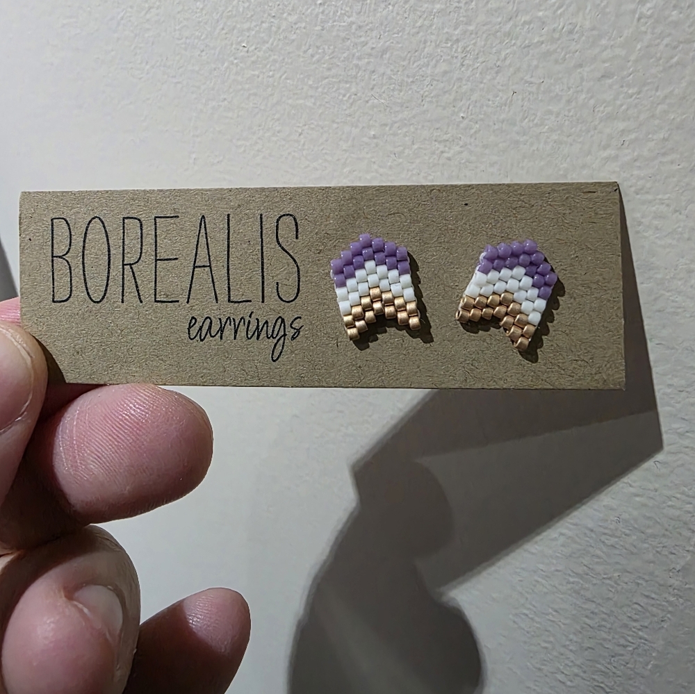 Borealis Purple White Bronze Beaded Earrings